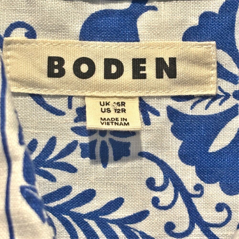 Boden Sienna Blue & White Floral Print Linen Long Sleeve Button Down Shirt - 12 - Picture 3 of 5